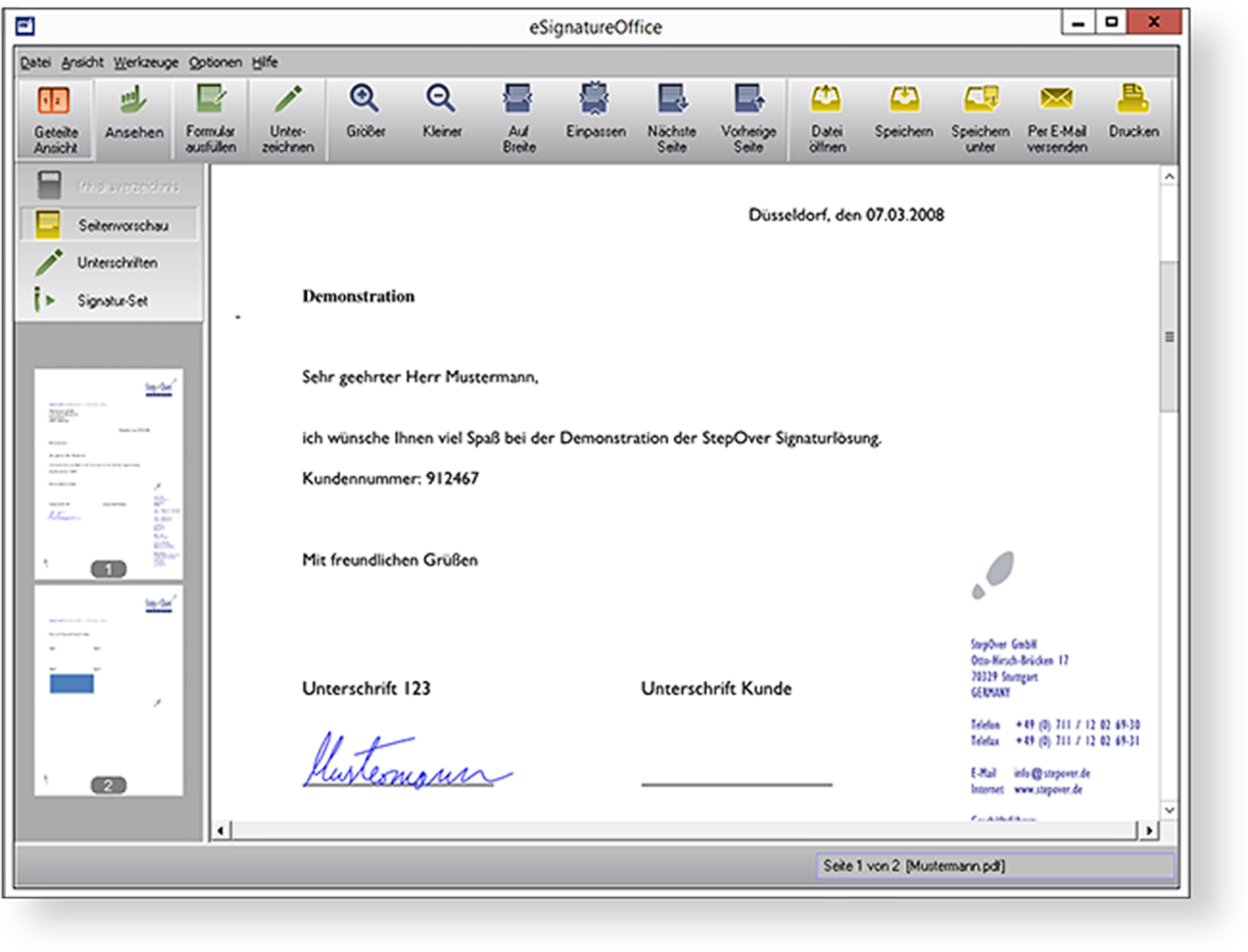 Die Signaturlösung zum Unterzeichnen von PDF/A-Dokumenten
eSignatureOffice ermöglicht das Anzeigen und Unterzeichnen von PDF/A-Dokumenten. Zudem können Formularfelder in eSignatureOffice ausgefüllt und abgespeichert werden. Die Signaturlösung zum Unterzeichnen von PDF/A-Dokumenten
eSignatureOffice ermöglicht das Anzeigen und Unterzeichnen von PDF/A-Dokumenten. Zudem können Formularfelder in eSignatureOffice ausgefüllt und abgespeichert werden.