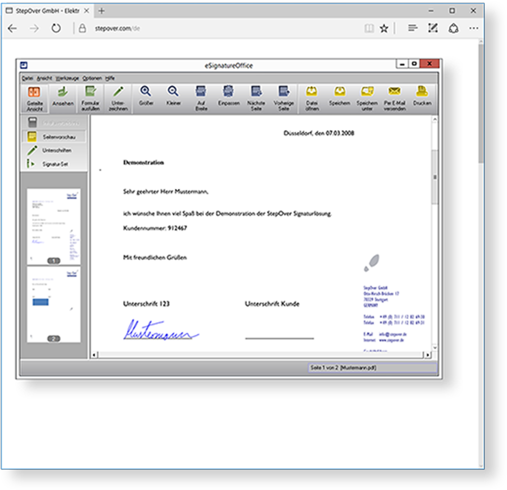 Webfähigkeit - eSignatureOffice lässt sich natürlich auch über einen sogenannten Link handler von Ihrer Webanwendung aus aufrufen. Webfähigkeit - eSignatureOffice lässt sich natürlich auch über einen sogenannten Link handler von Ihrer Webanwendung aus aufrufen.