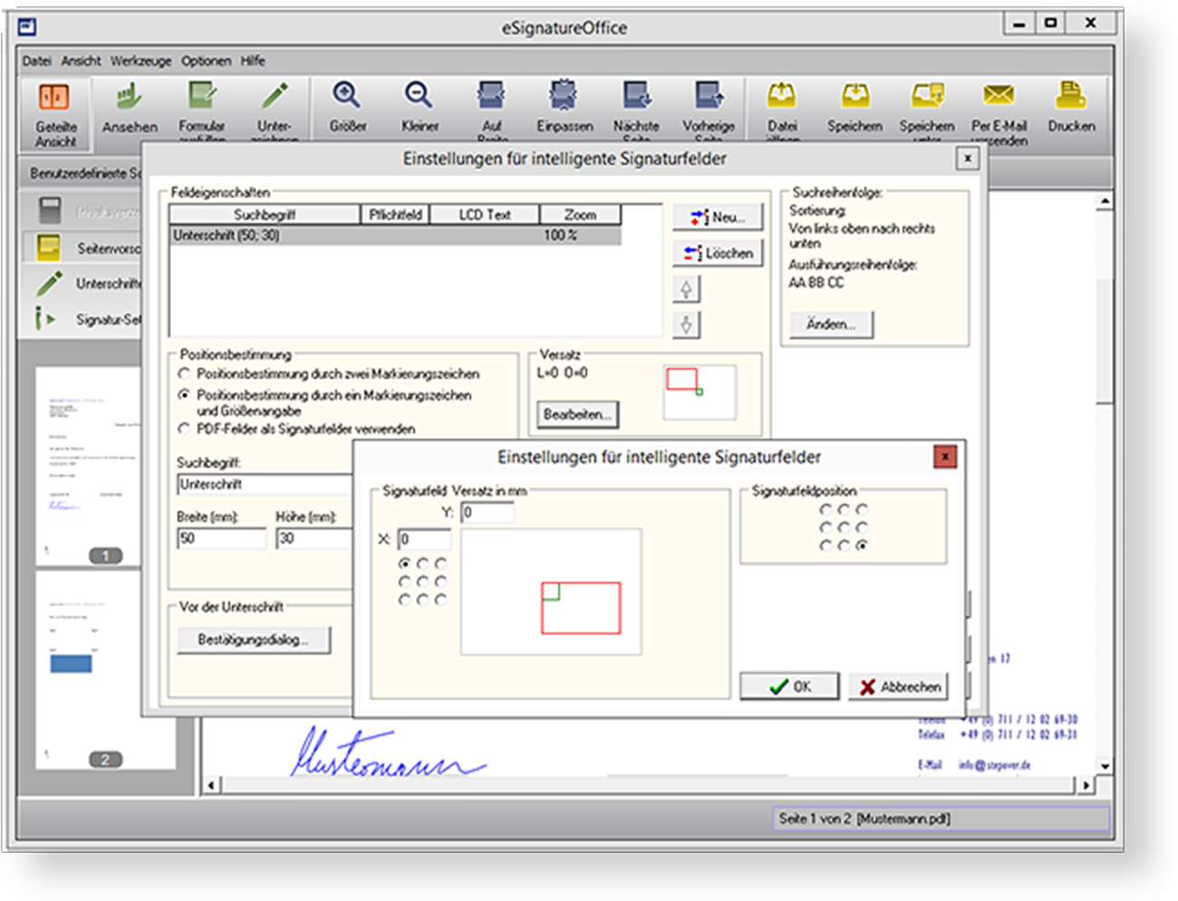 Automatisierung durch intelligente Signaturschablonen
Die intelligenten Signaturschablonen helfen Ihnen, automatisiert Unterschriften zu erfassen und diese an der richtigen Stelle in Ihrem elektronischen Dokument einzufügen. Automatisierung durch intelligente Signaturschablonen
Die intelligenten Signaturschablonen helfen Ihnen, automatisiert Unterschriften zu erfassen und diese an der richtigen Stelle in Ihrem elektronischen Dokument einzufügen.