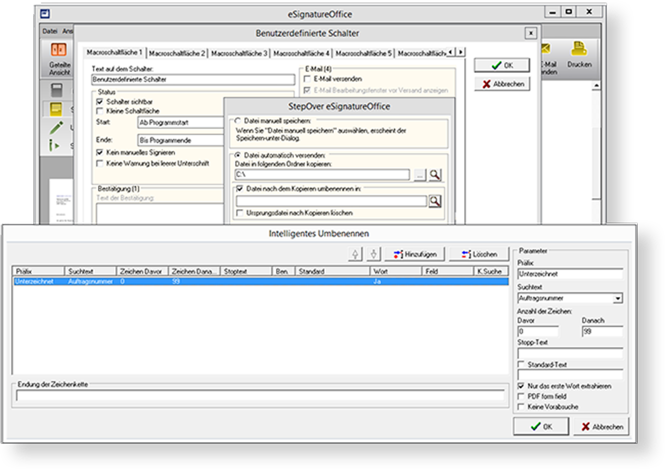 Automatisierung durch intelligente Dateiumbenennung
Oft ist es erforderlich, dass das unterzeichnete PDF/A-Dokument nach dem Signieren einen Namen erhält, welcher sich zum Teil aus dem Inhalt des Dokumentes (z.B. Bestellnummer und Kundenname) ergibt. Automatisierung durch intelligente Dateiumbenennung
Oft ist es erforderlich, dass das unterzeichnete PDF/A-Dokument nach dem Signieren einen Namen erhält, welcher sich zum Teil aus dem Inhalt des Dokumentes (z.B. Bestellnummer und Kundenname) ergibt.