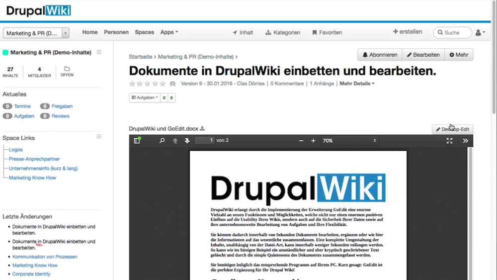 Drupal Wiki - Mit GoEdit eingebettete Dokumente ohne Download bearbeiten.