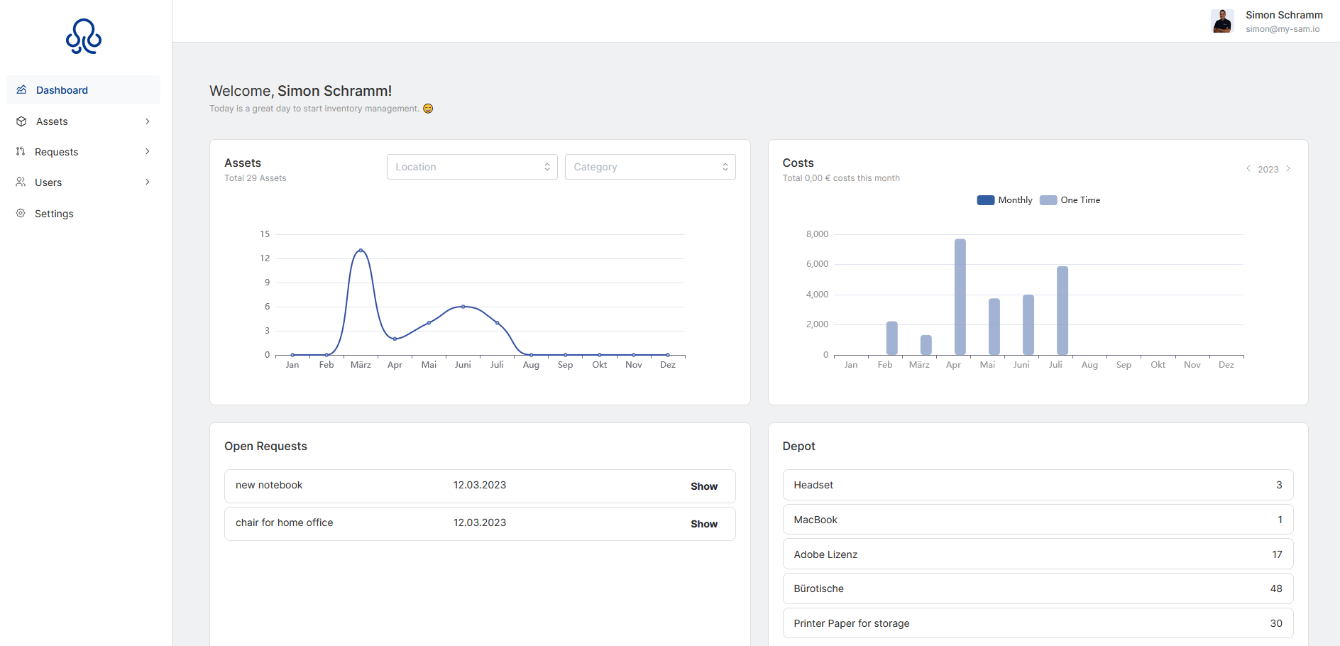 My SAM - My SAM Dashboard: Übersicht über Asset-Entwicklung, Kostenentwicklung, offene Anfragen für neue Assets, verfügbare Assets (z.B. Hardware und Lizenzen oder Lager/Verbrauchsmaterialien)